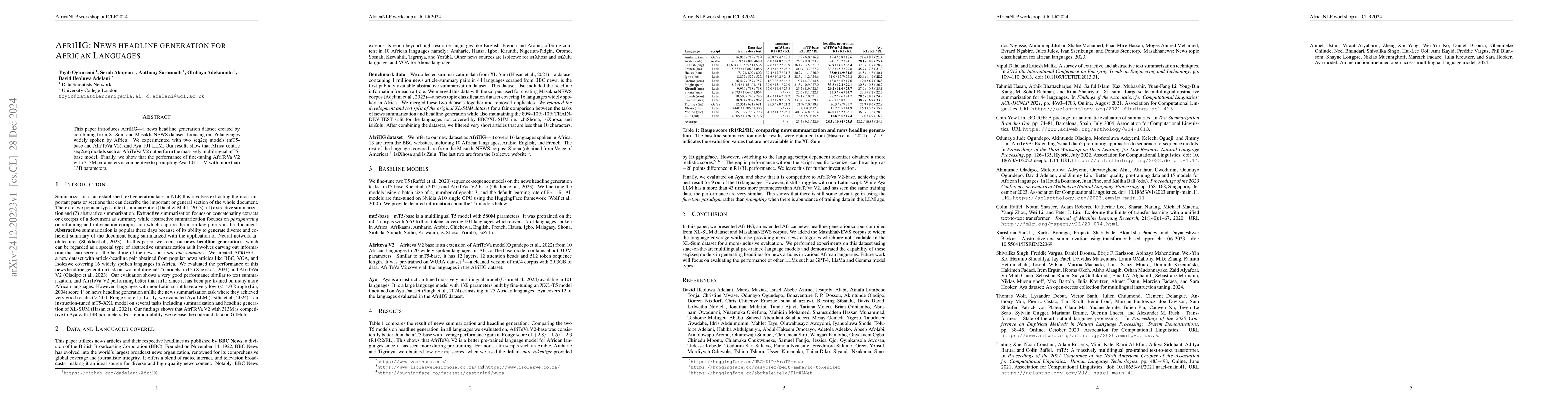 Thumbnail for AfriHG: News headline generation for African Languages