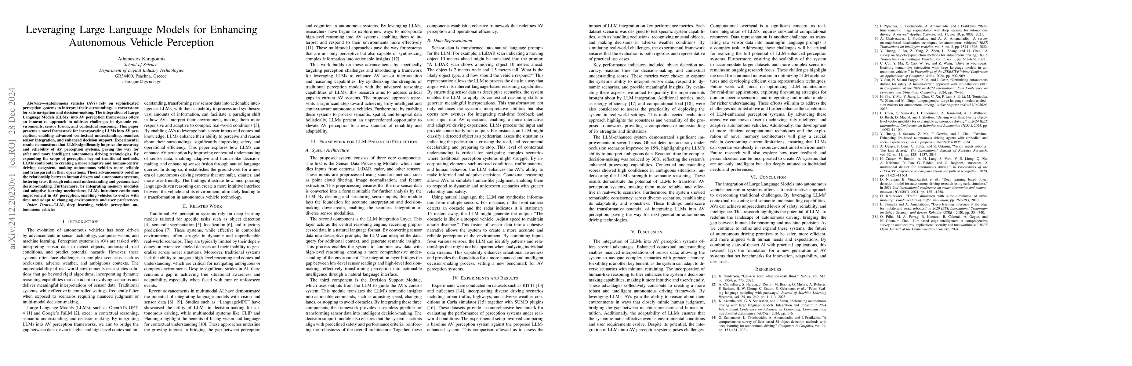 Thumbnail for Leveraging Large Language Models for Enhancing Autonomous Vehicle
  Perception