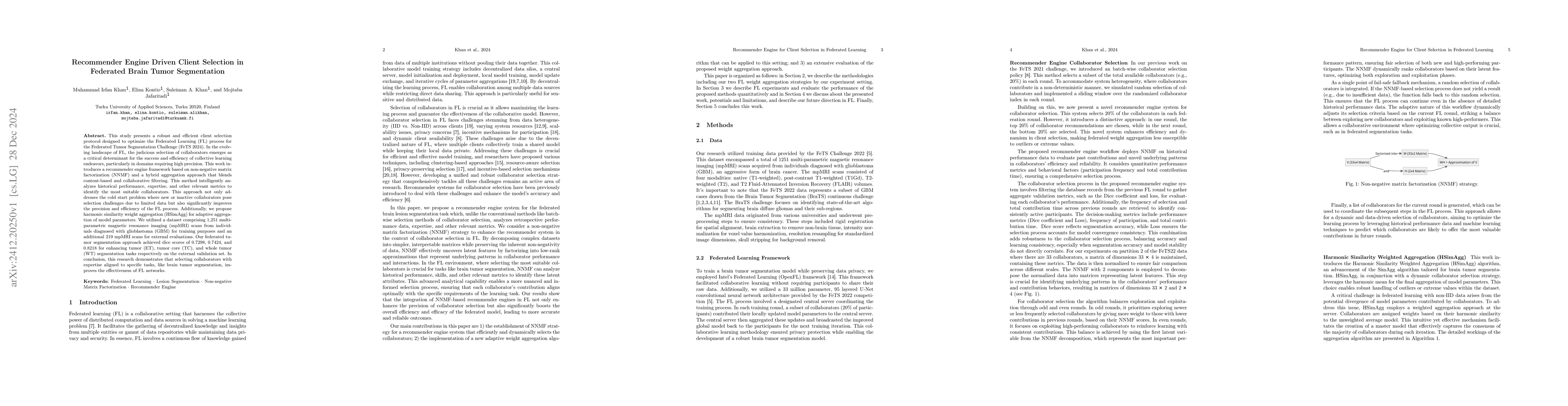 Thumbnail for Recommender Engine Driven Client Selection in Federated Brain Tumor
  Segmentation