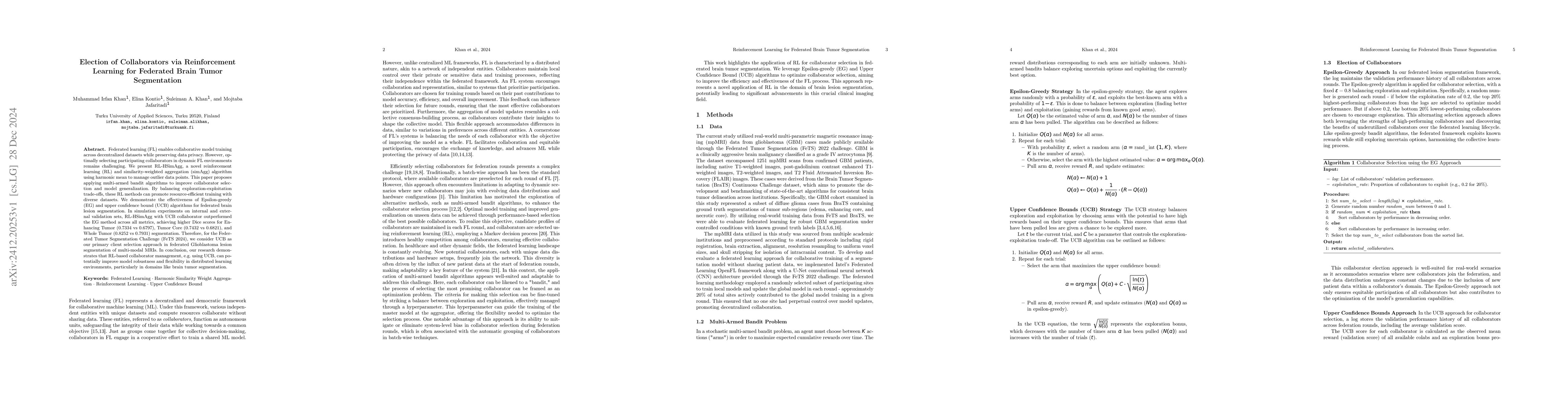 Thumbnail for Election of Collaborators via Reinforcement Learning for Federated Brain
  Tumor Segmentation