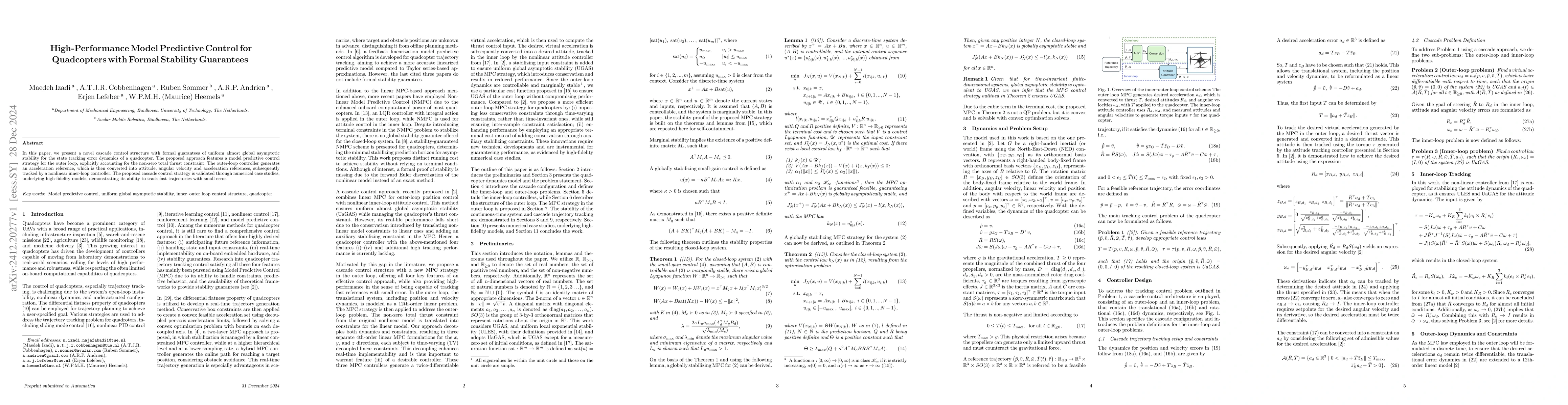 Thumbnail for High-Performance Model Predictive Control for Quadcopters with Formal
  Stability Guarantees