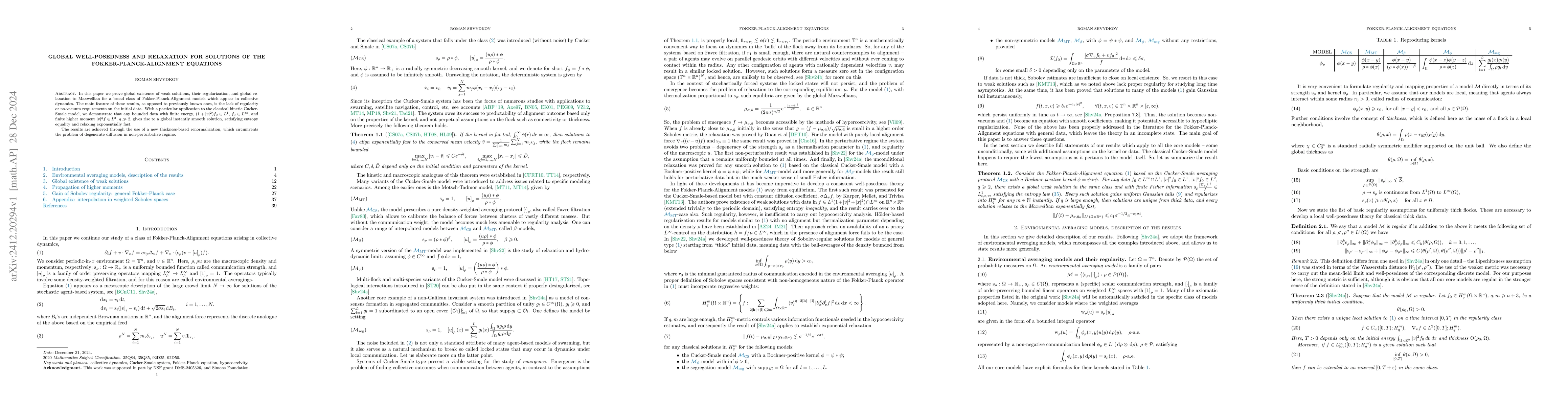 Thumbnail for Global well-posedness and relaxation for solutions of the
  Fokker-Planck-Alignment equations