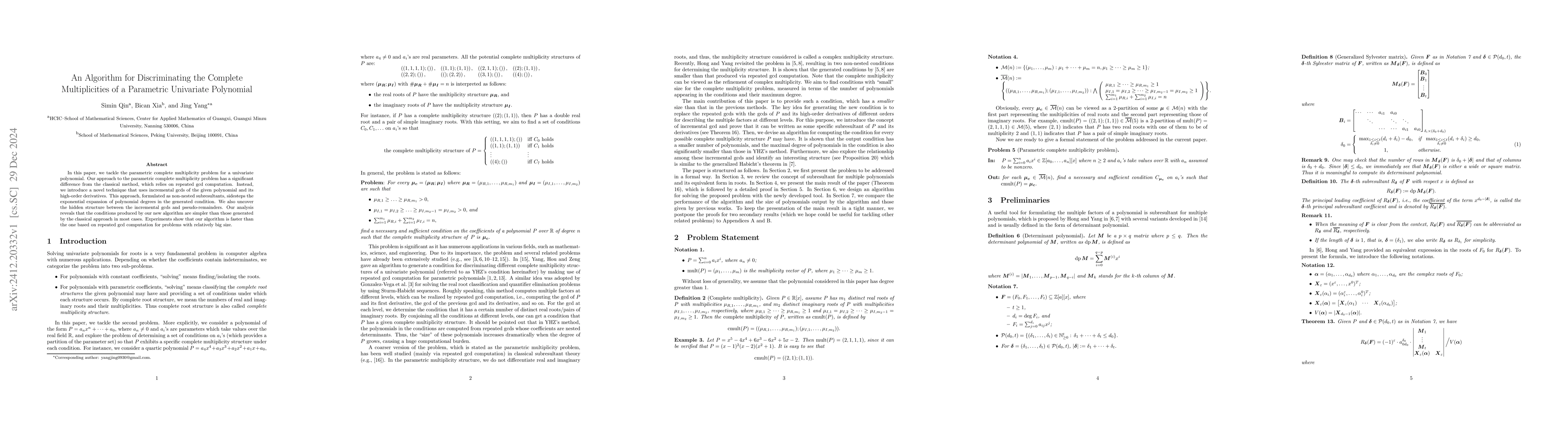 Thumbnail for An Algorithm for Discriminating the Complete Multiplicities of a
  Parametric Univariate Polynomial