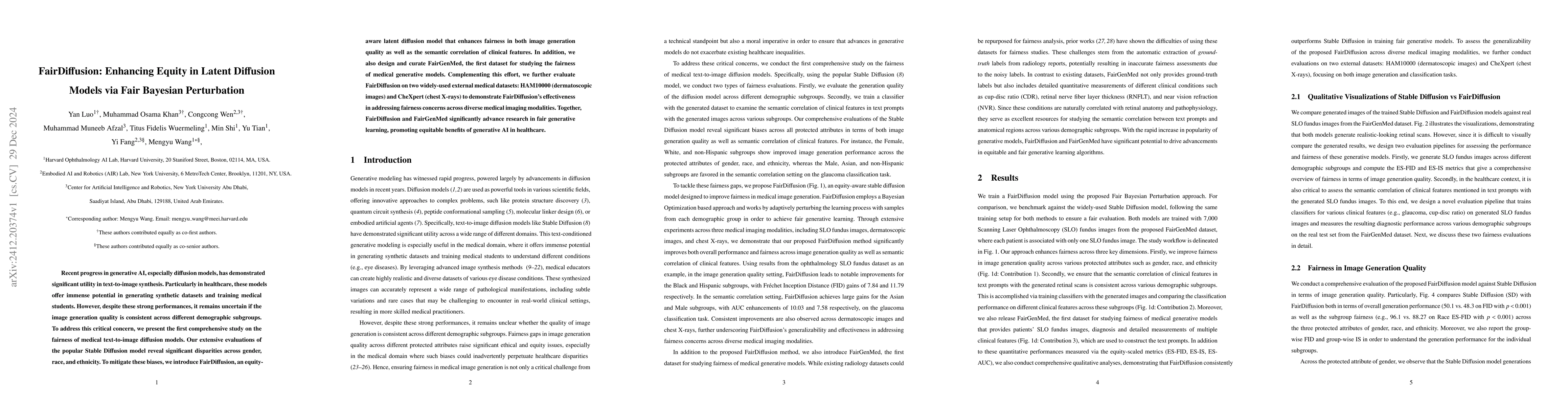 Thumbnail for FairDiffusion: Enhancing Equity in Latent Diffusion Models via Fair
  Bayesian Perturbation