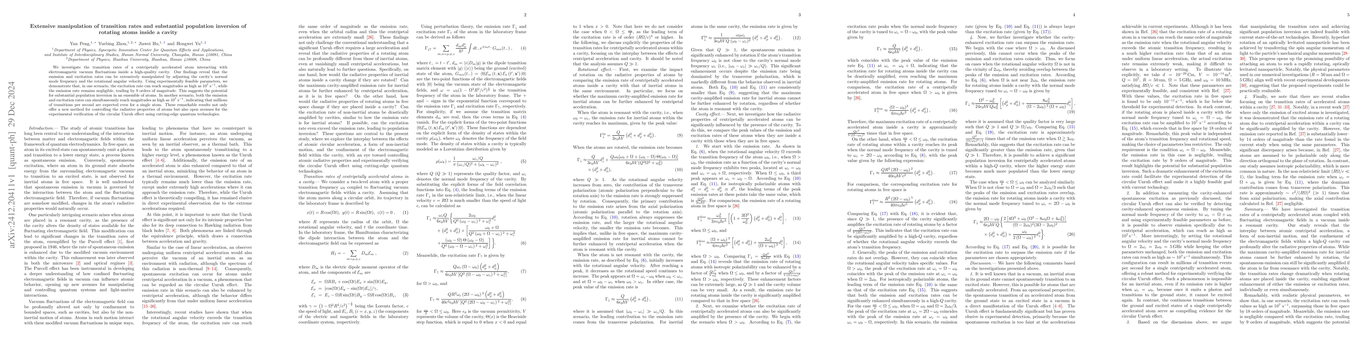 Thumbnail for Extensive manipulation of transition rates and substantial population
  inversion of rotating atoms inside a cavity