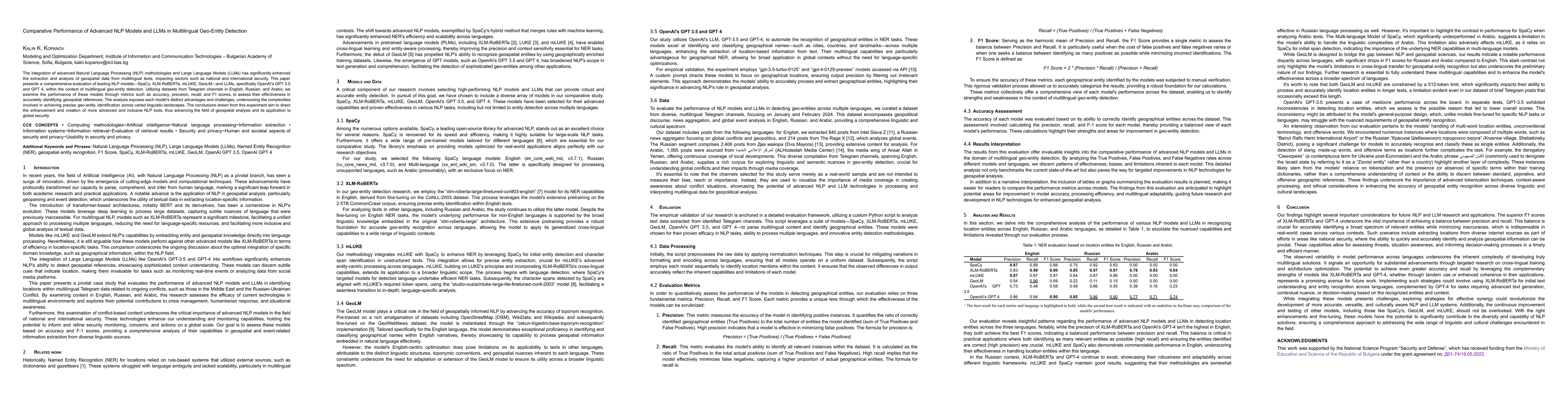 Thumbnail for Comparative Performance of Advanced NLP Models and LLMs in Multilingual
  Geo-Entity Detection
