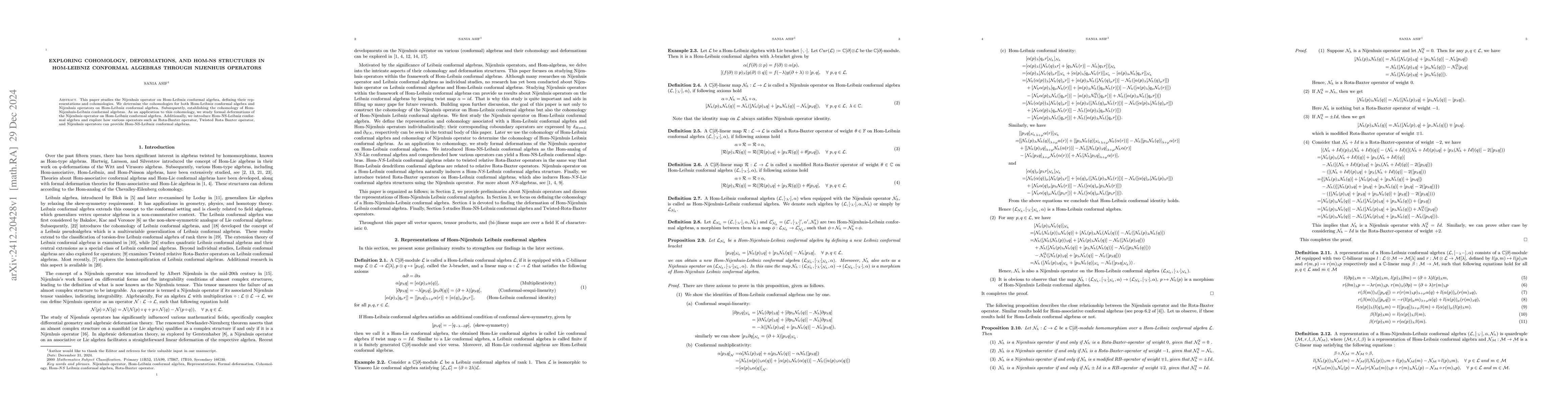 Thumbnail for Exploring Cohomology, Deformations, and Hom-NS Structures in Hom-Leibniz
  Conformal Algebras through Nijenhuis Operators