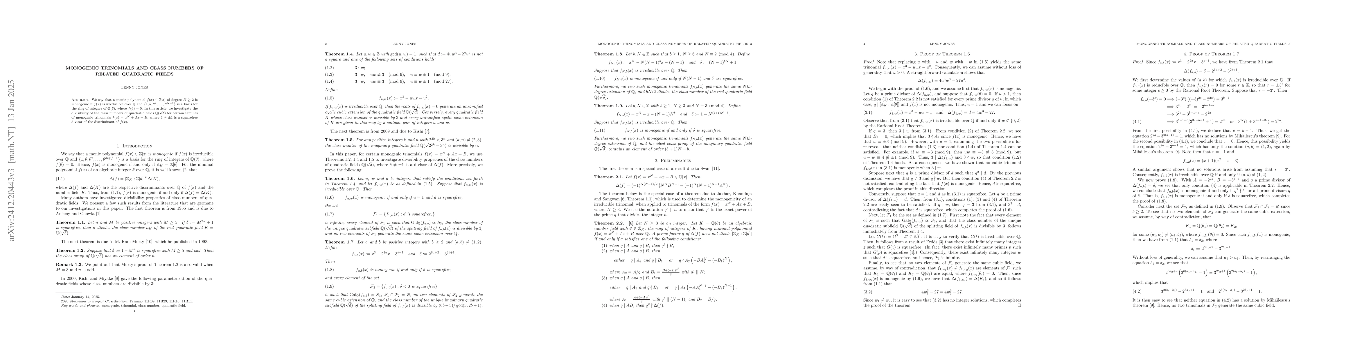 Thumbnail for Monogenic $S_3$-cubic polynomials and class numbers of associated
  quadratic fields