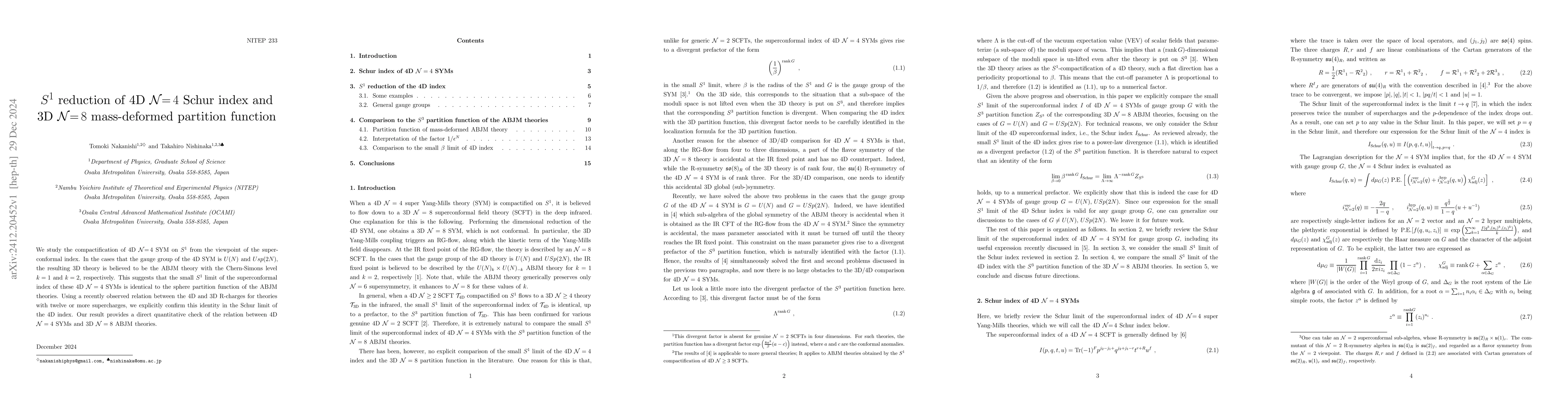 Thumbnail for $S^1$ reduction of 4D $\mathcal{N}=4$ Schur index and 3D $\mathcal{N}=8$
  mass-deformed partition function