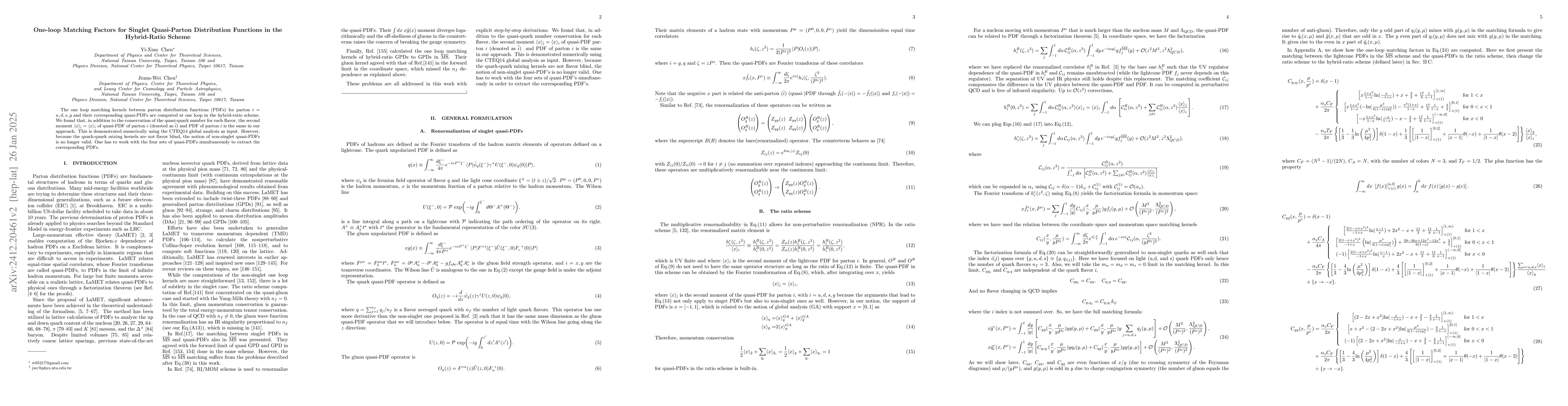Thumbnail for One-loop Matching Factors for Singlet Quasi-Parton Distribution
  Functions in the Hybrid-Ratio Scheme