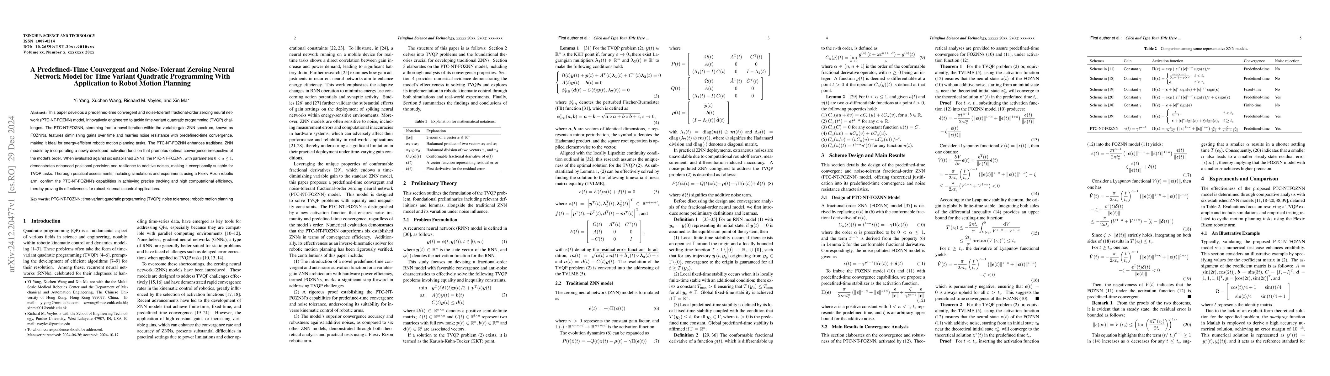 Thumbnail for A Predefined-Time Convergent and Noise-Tolerant Zeroing Neural Network
  Model for Time Variant Quadratic Programming With Application to Robot Motion
  Planning