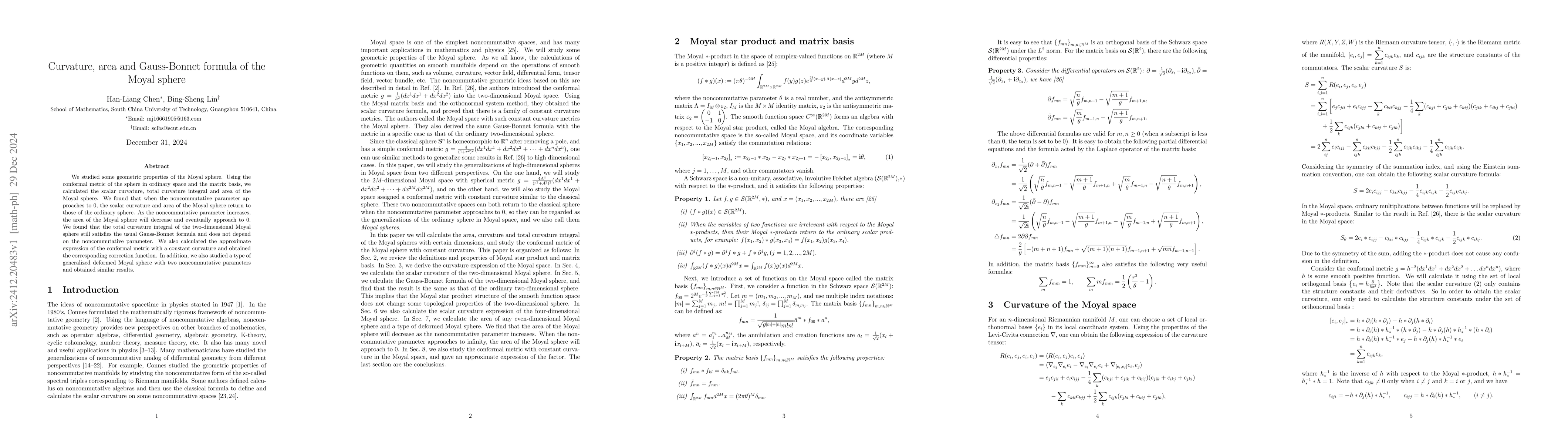 Thumbnail for Curvature, area and Gauss-Bonnet formula of the Moyal sphere