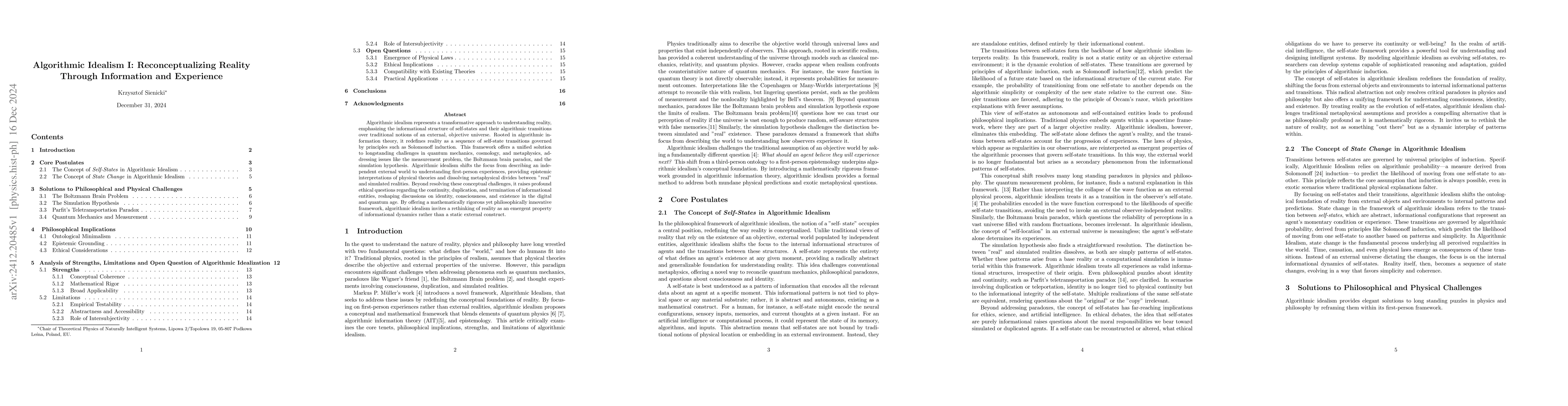Thumbnail for Algorithmic Idealism I: Reconceptualizing Reality Through Information
  and Experience