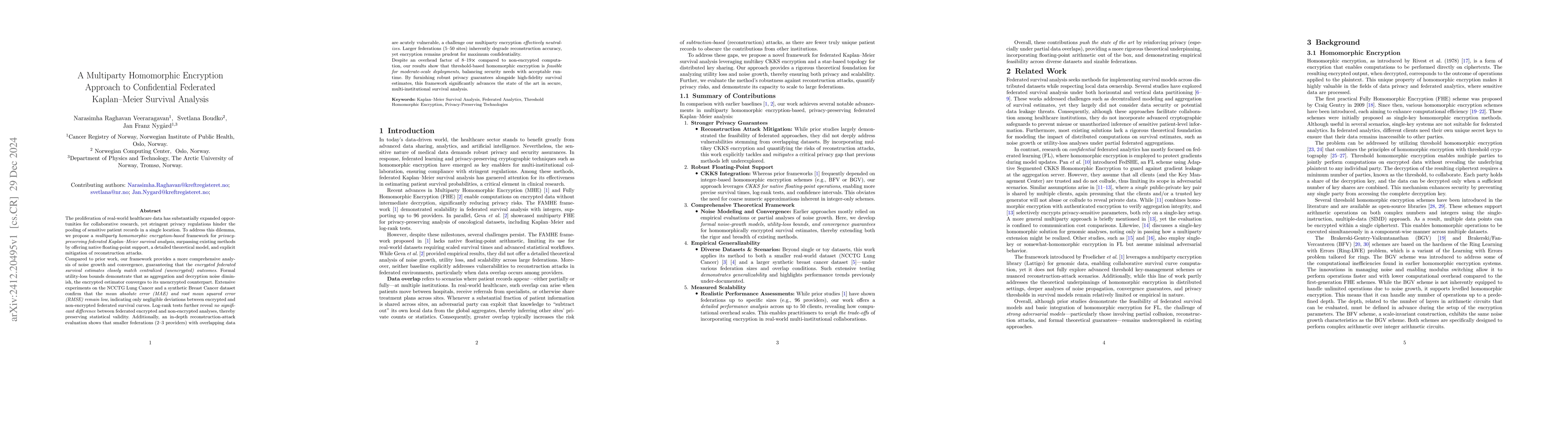 Thumbnail for A Multiparty Homomorphic Encryption Approach to Confidential Federated
  Kaplan Meier Survival Analysis