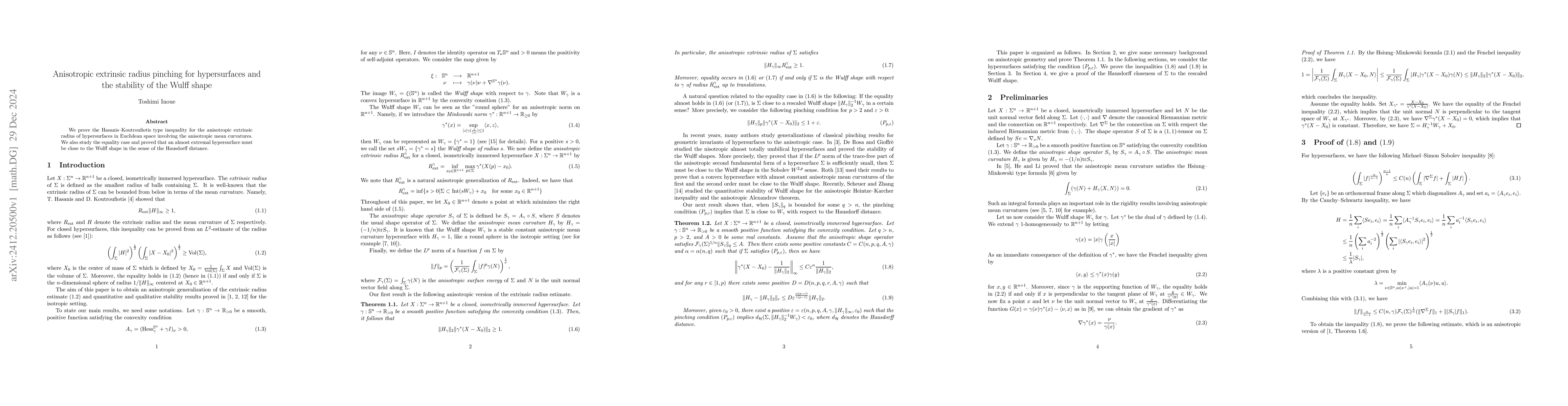 Thumbnail for Anisotropic extrinsic radius pinching for hypersurfaces and the
  stability of the Wulff shape