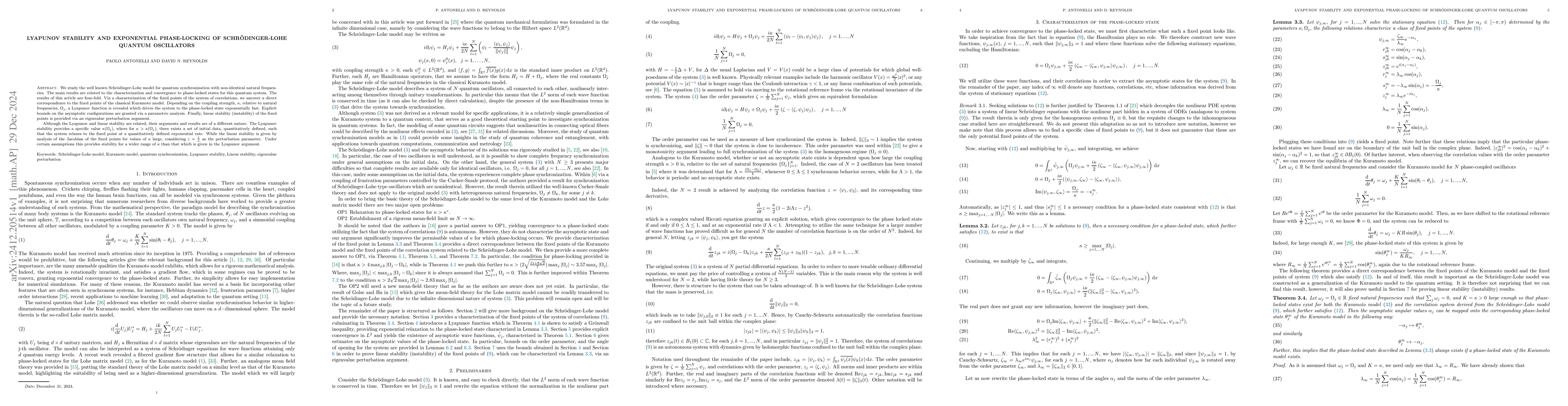 Thumbnail for Lyapunov stability and exponential phase-locking of Schrödinger-Lohe
  quantum oscillators