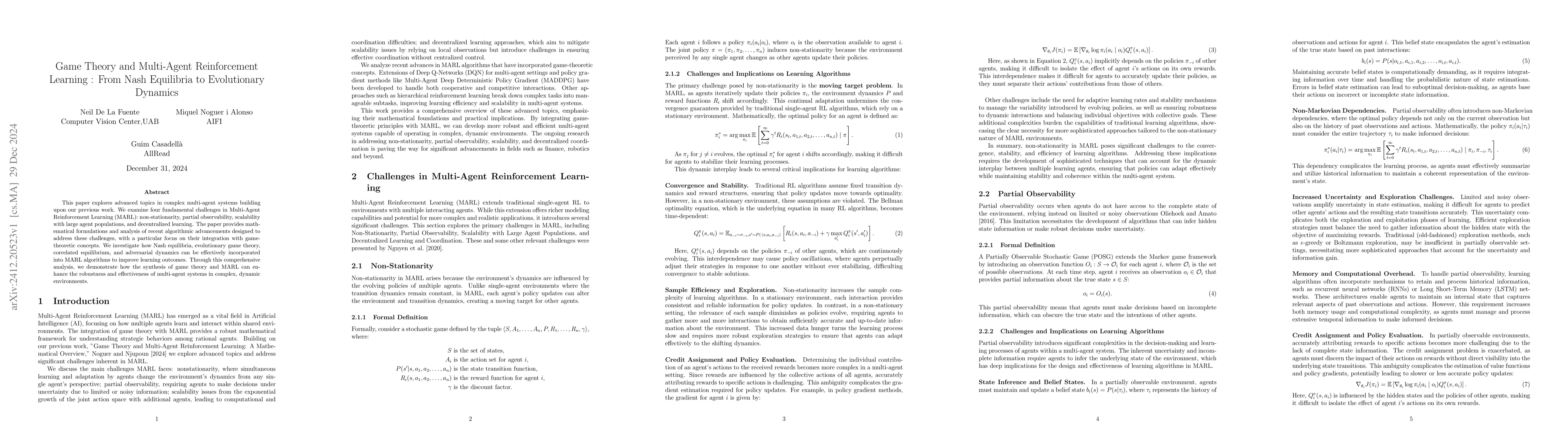 Thumbnail for Game Theory and Multi-Agent Reinforcement Learning : From Nash
  Equilibria to Evolutionary Dynamics