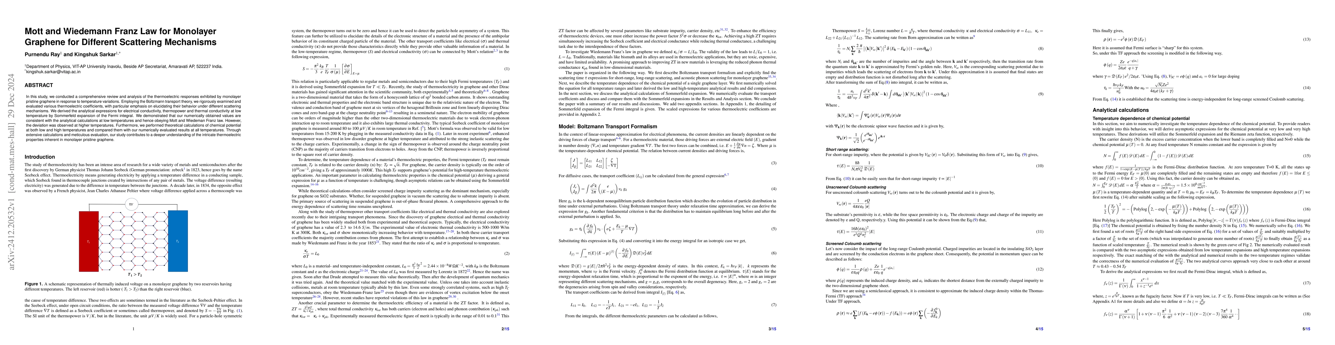 Thumbnail for Mott and Wiedemann Franz Law for Monolayer Graphene for Different
  Scattering Mechanisms