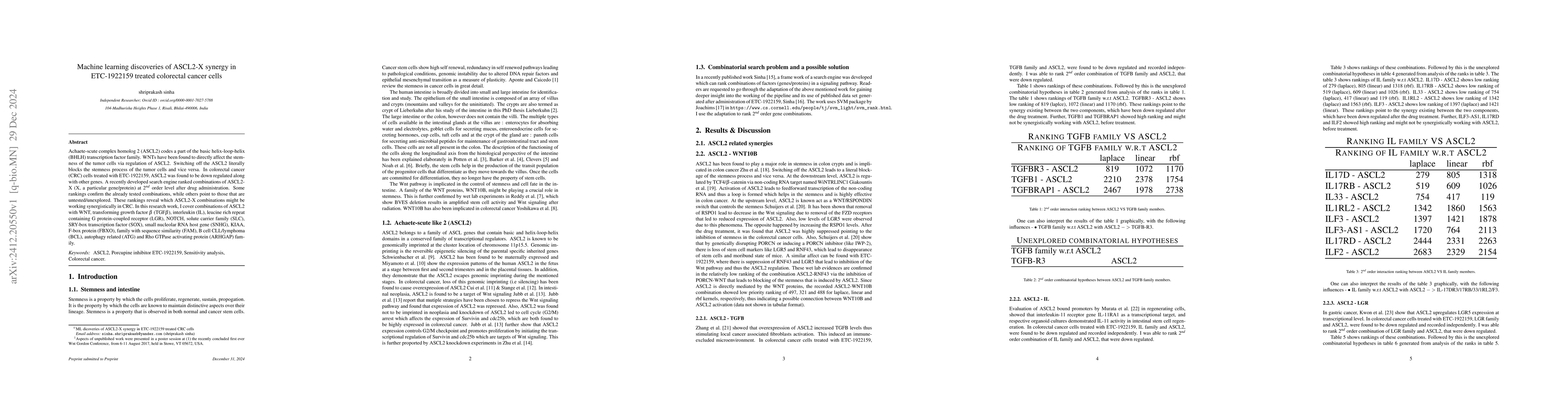 Thumbnail for Machine learning discoveries of ASCL2-X synergy in ETC-1922159 treated
  colorectal cancer cells