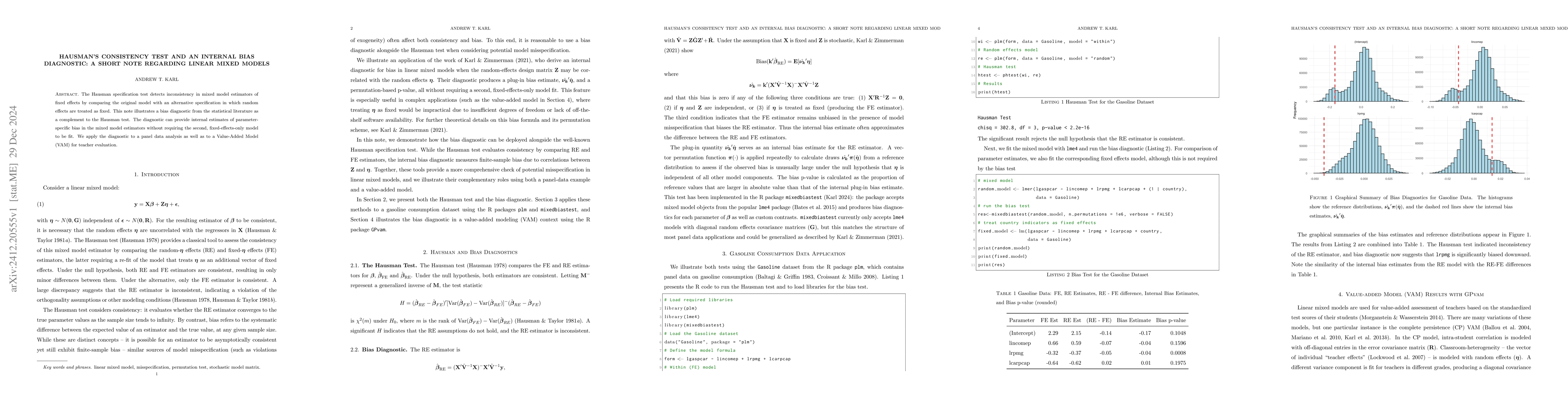 Thumbnail for Hausman's Consistency Test and an Internal Bias Diagnostic: A Short Note
  Regarding Linear Mixed Models