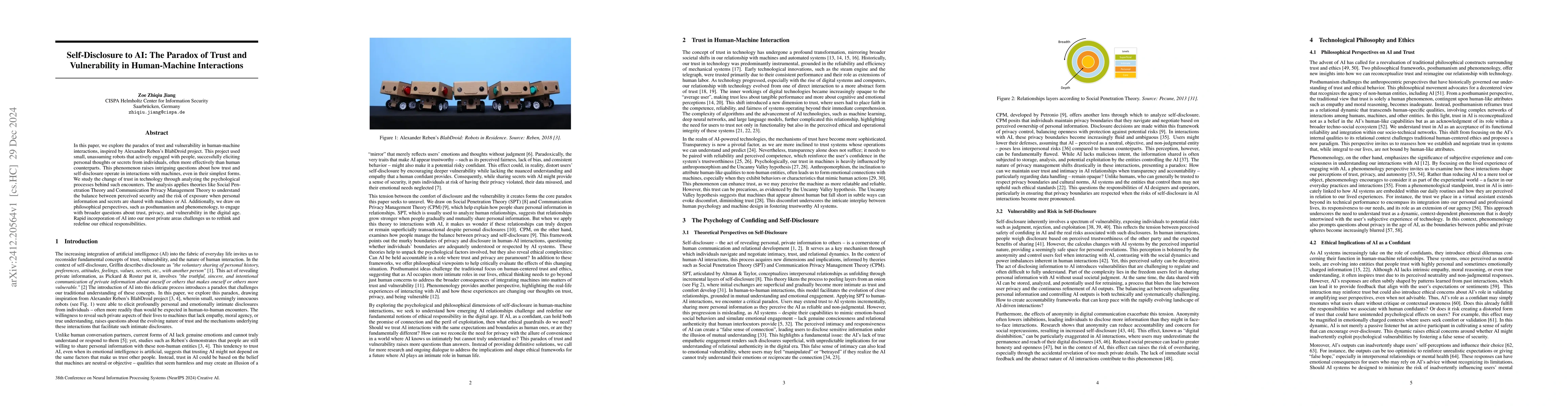 Thumbnail for Self-Disclosure to AI: The Paradox of Trust and Vulnerability in
  Human-Machine Interactions