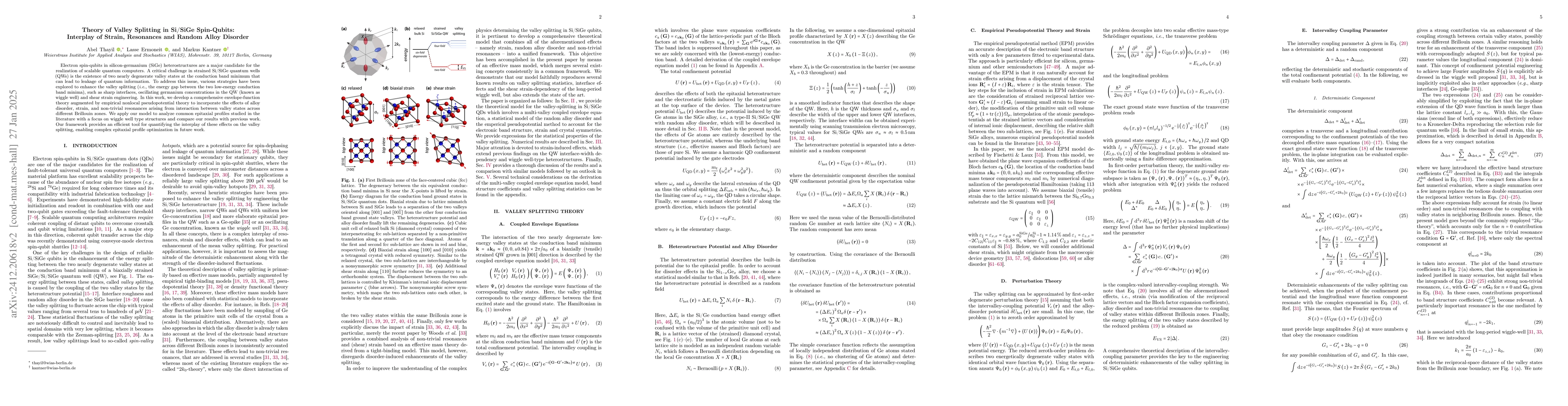 Thumbnail for Theory of Valley Splitting in Si/SiGe Spin-Qubits: Interplay of Strain,
  Resonances and Random Alloy Disorder