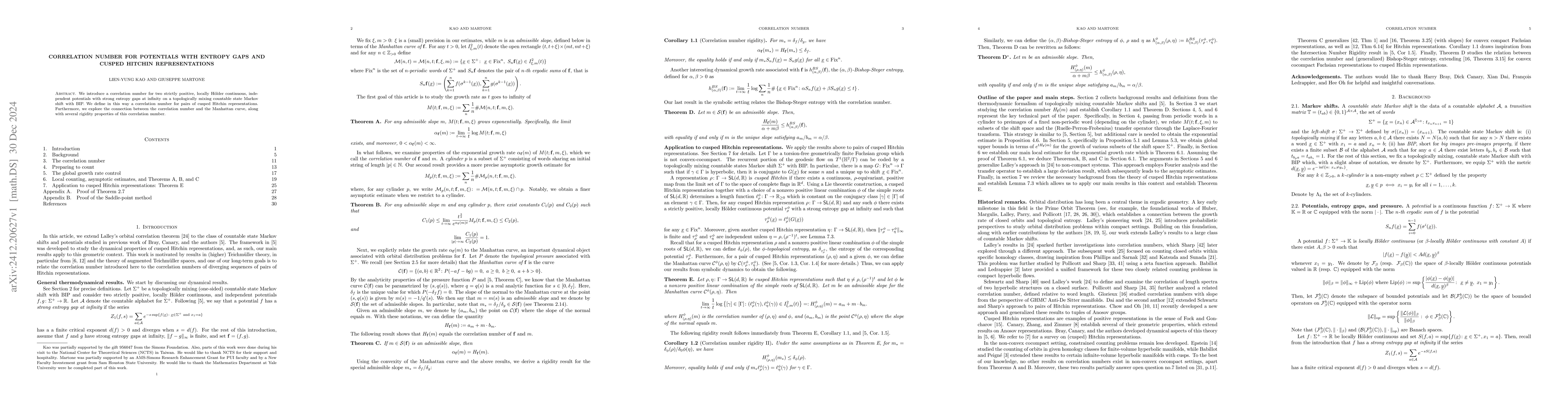 Thumbnail for Correlation Number for Potentials with Entropy Gaps and Cusped Hitchin
  Representations