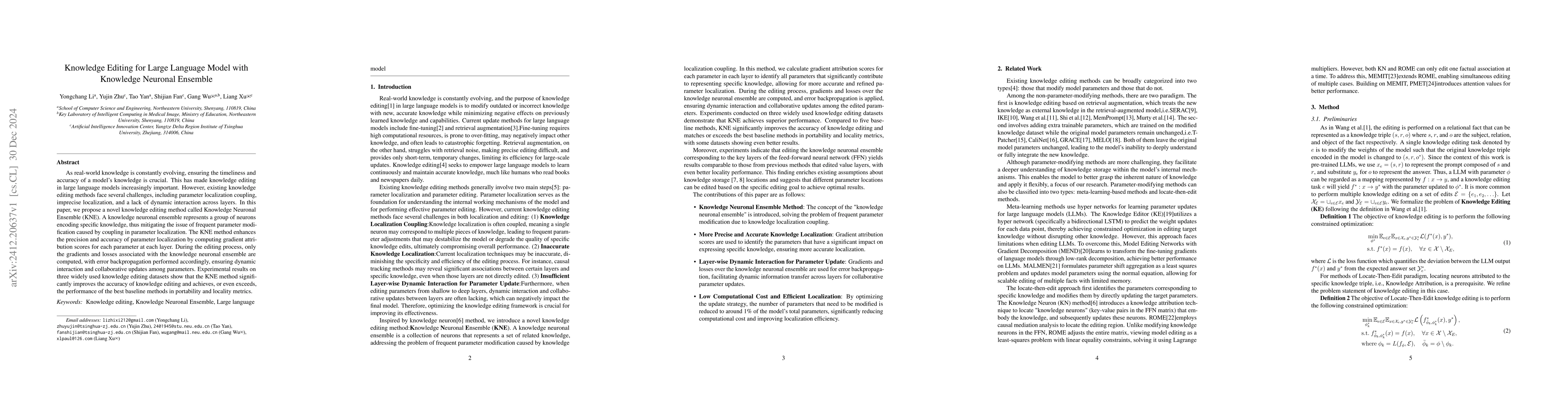Thumbnail for Knowledge Editing for Large Language Model with Knowledge Neuronal
  Ensemble
