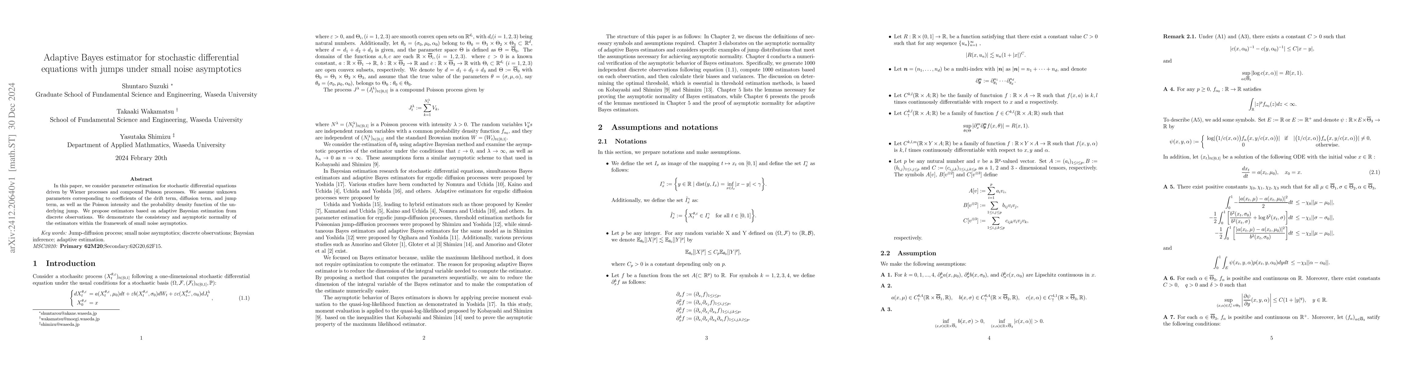 Thumbnail for Adaptive Bayes estimator for stochastic differential equations with
  jumps under small noise asymptotics