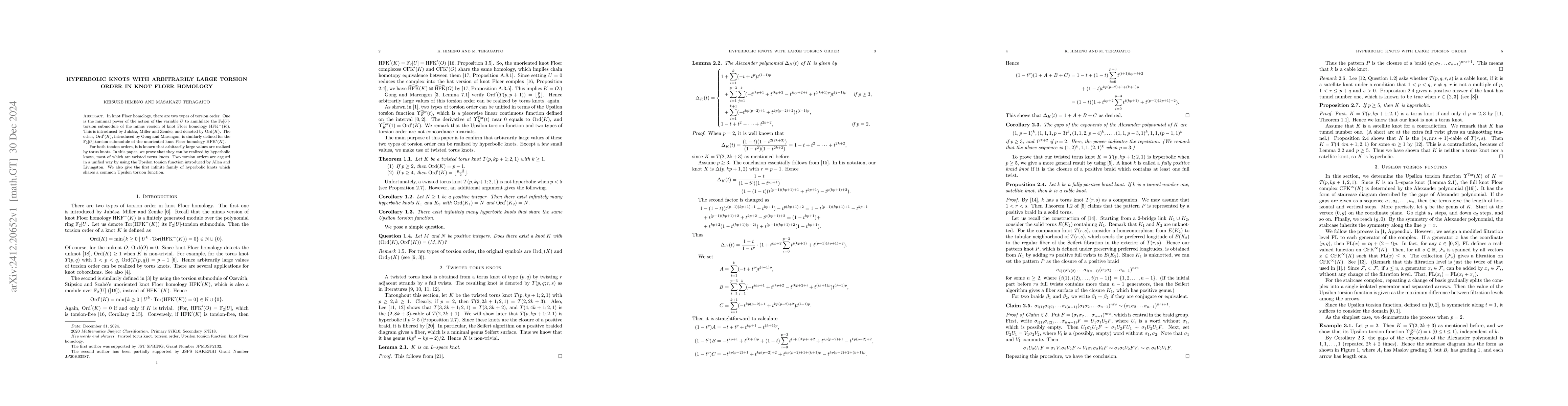Thumbnail for Hyperbolic knots with arbitrarily large torsion order in knot Floer
  homology