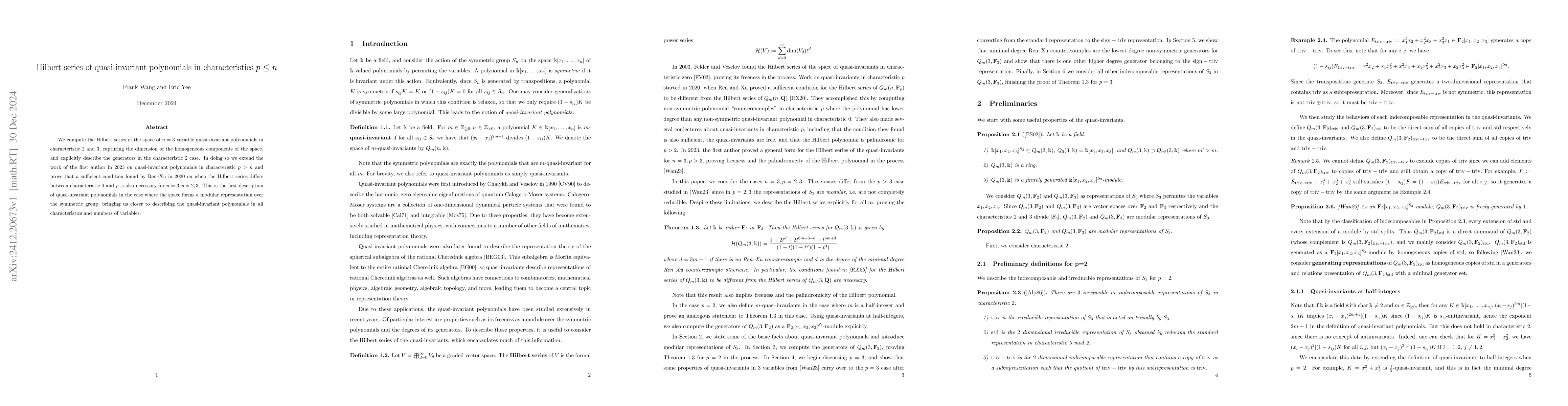Thumbnail for Hilbert series of quasi-invariant polynomials in characteristics $p\leq
  n$