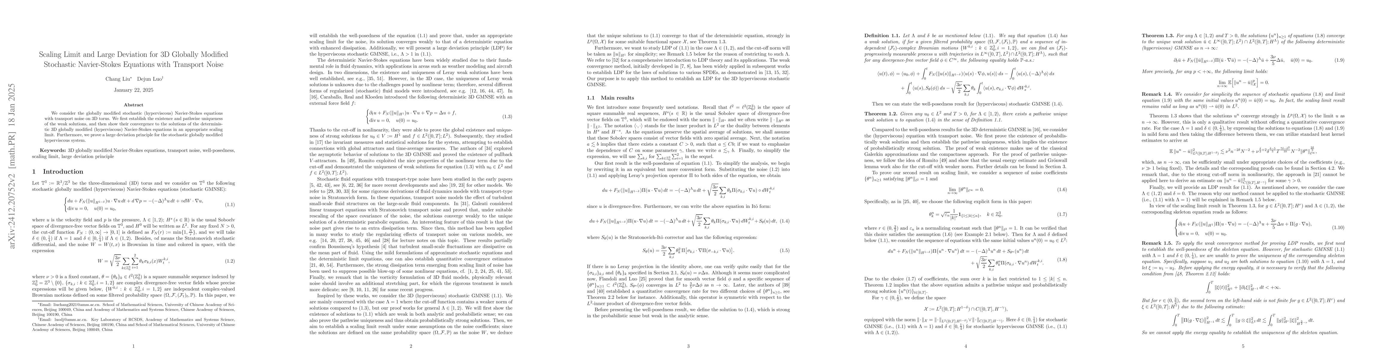 Thumbnail for Scaling Limit and Large Deviation for 3D Globally Modified Stochastic
  Navier-Stokes Equations with Transport Noise