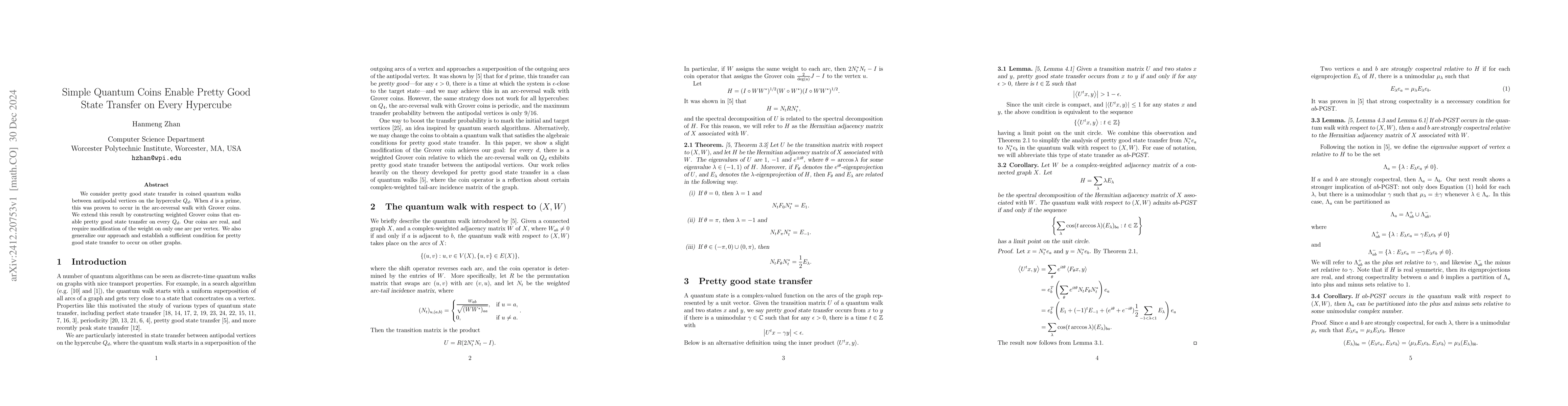 Thumbnail for Simple Quantum Coins Enable Pretty Good State Transfer on Every
  Hypercube