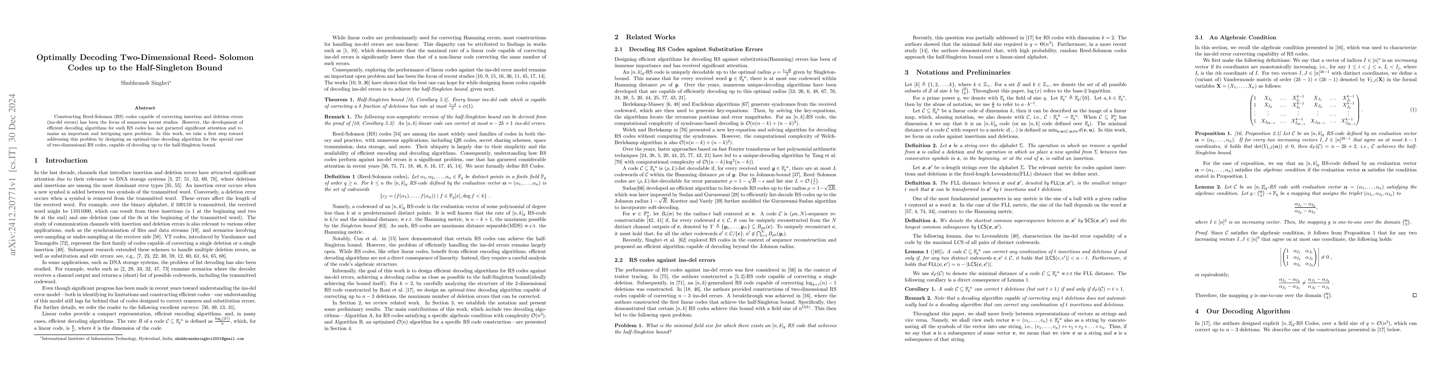 Thumbnail for Optimally Decoding Two-Dimensional Reed-Solomon Codes up to the
  Half-Singleton Bound