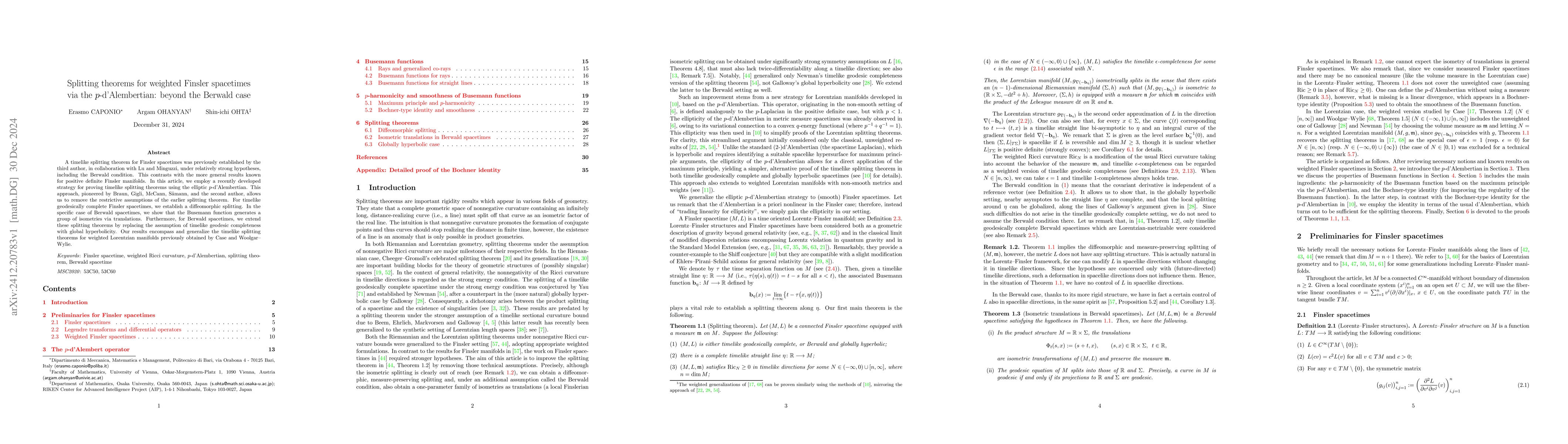 Thumbnail for Splitting theorems for weighted Finsler spacetimes via the
  $p$-d'Alembertian: beyond the Berwald case