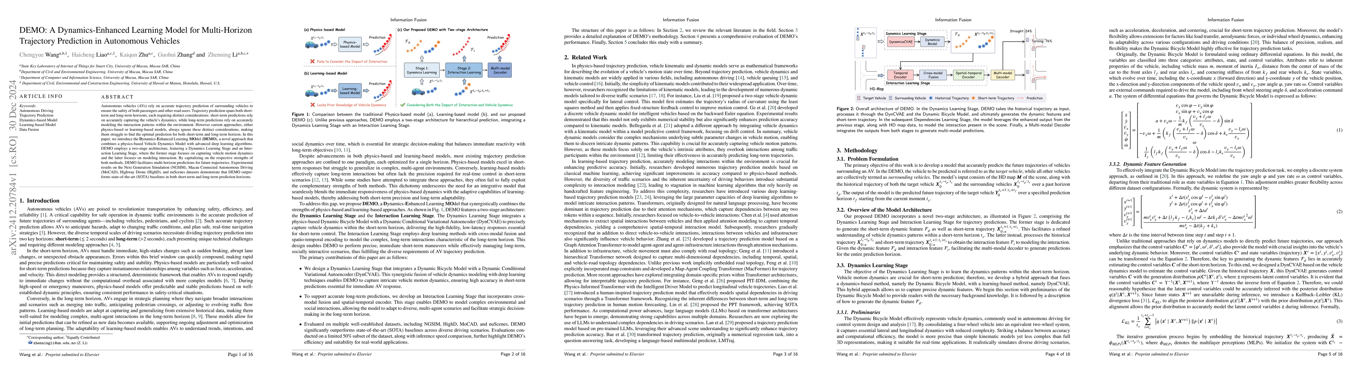 Thumbnail for DEMO: A Dynamics-Enhanced Learning Model for Multi-Horizon Trajectory
  Prediction in Autonomous Vehicles