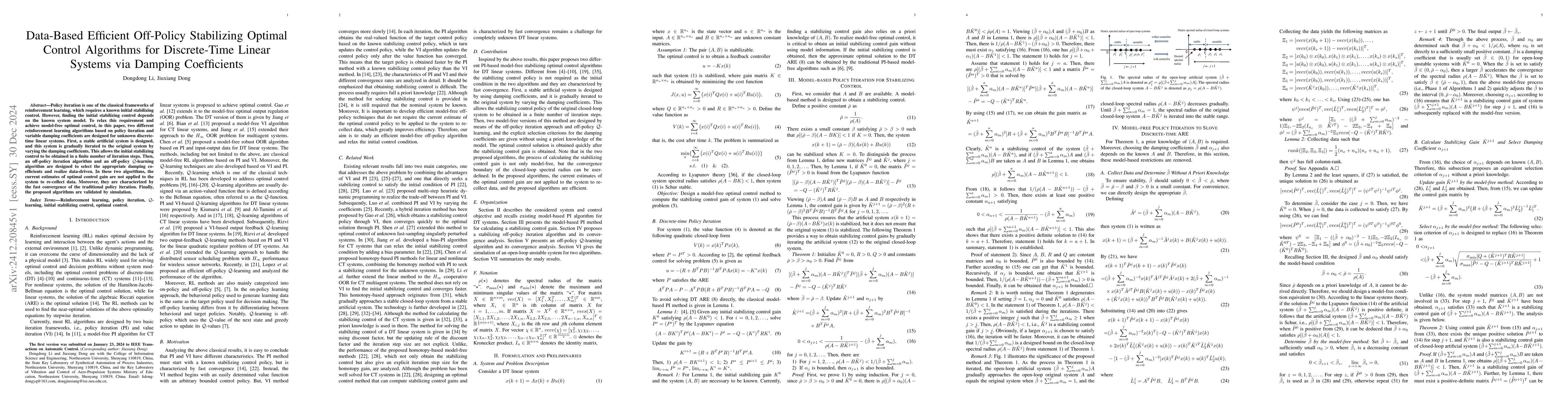 Thumbnail for Data-Based Efficient Off-Policy Stabilizing Optimal Control Algorithms
  for Discrete-Time Linear Systems via Damping Coefficients