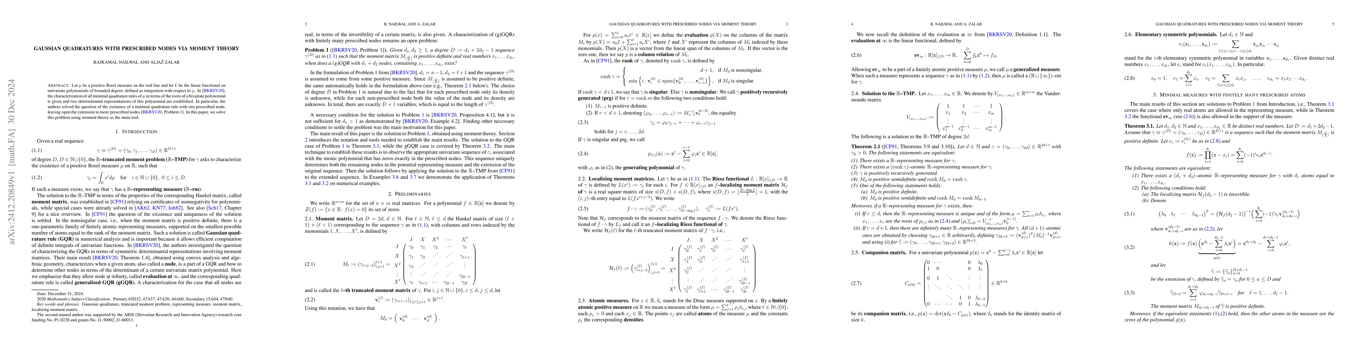 Thumbnail for Gaussian Quadratures with prescribed nodes via moment theory