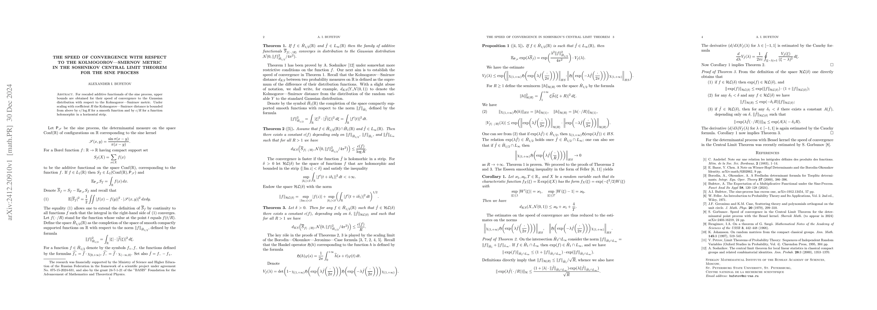 Thumbnail for The Speed of Convergence with respect to the Kolmogorov-Smirnov Metric
  in the Soshnikov Central Limit Theorem for the Sine-Process