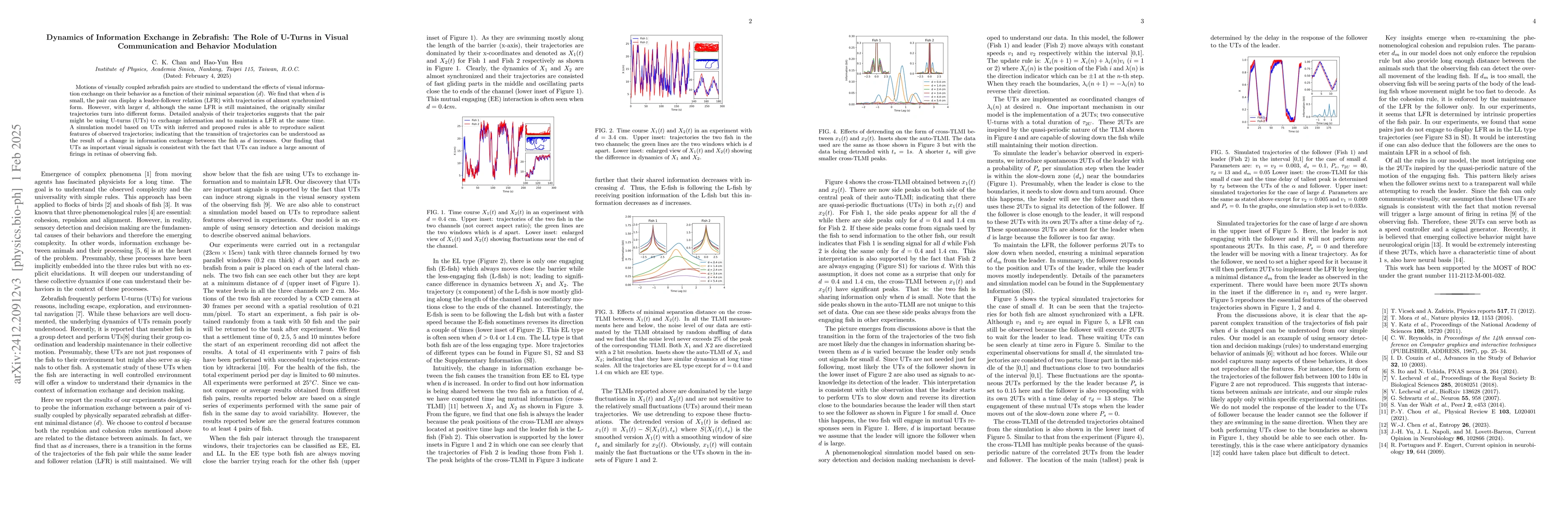 Thumbnail for Dynamics of Information Exchange in Zebrafish: The Role of U-Turns in
  Visual Communication and Behavior Modulation