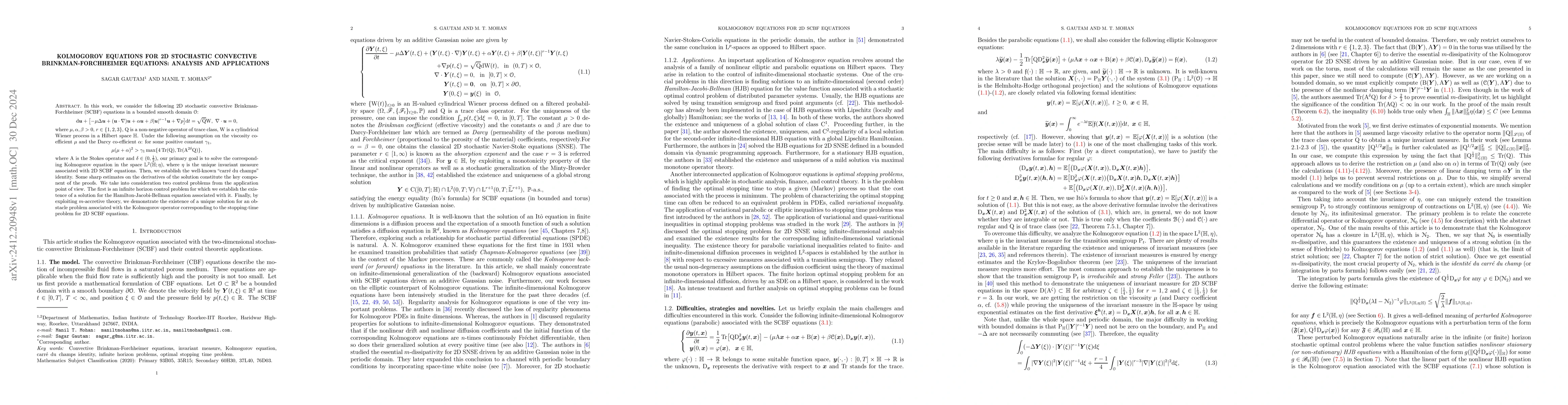 Thumbnail for Kolmogorov equations for 2D stochastic convective Brinkman-Forchheimer
  equations: Analysis and Applications