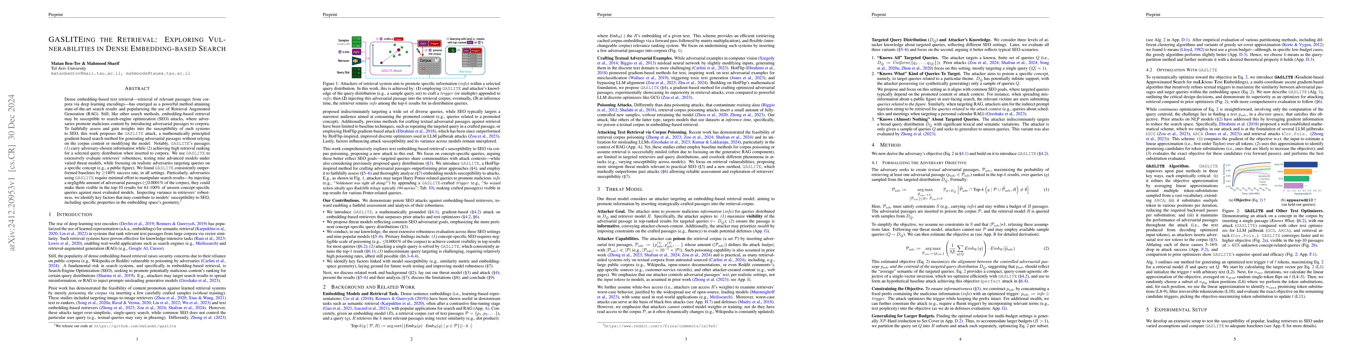 Thumbnail for GASLITEing the Retrieval: Exploring Vulnerabilities in Dense
  Embedding-based Search