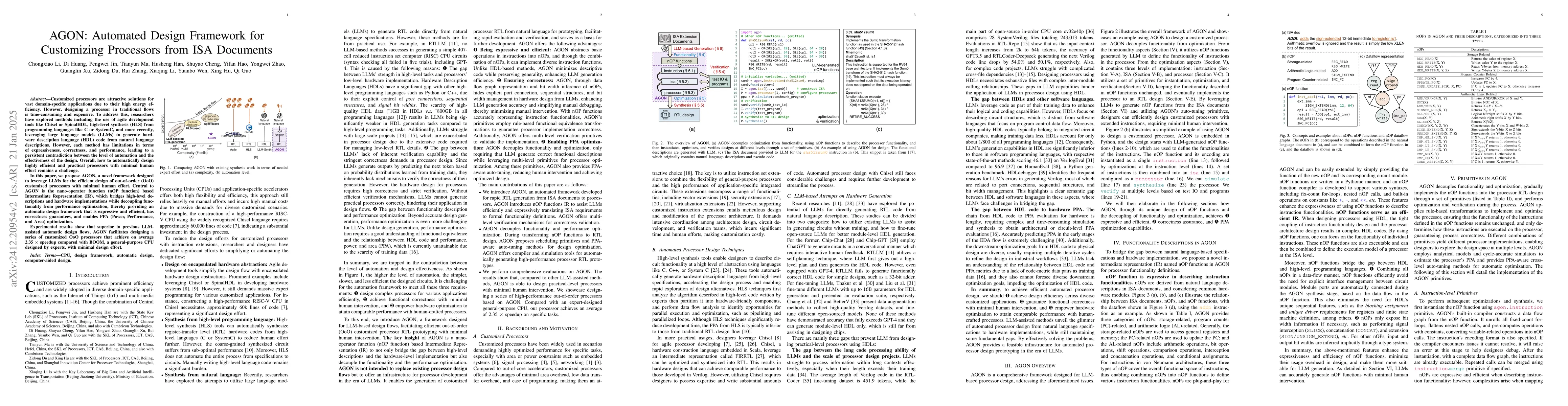 Thumbnail for AGON: Automated Design Framework for Customizing Processors from ISA
  Documents