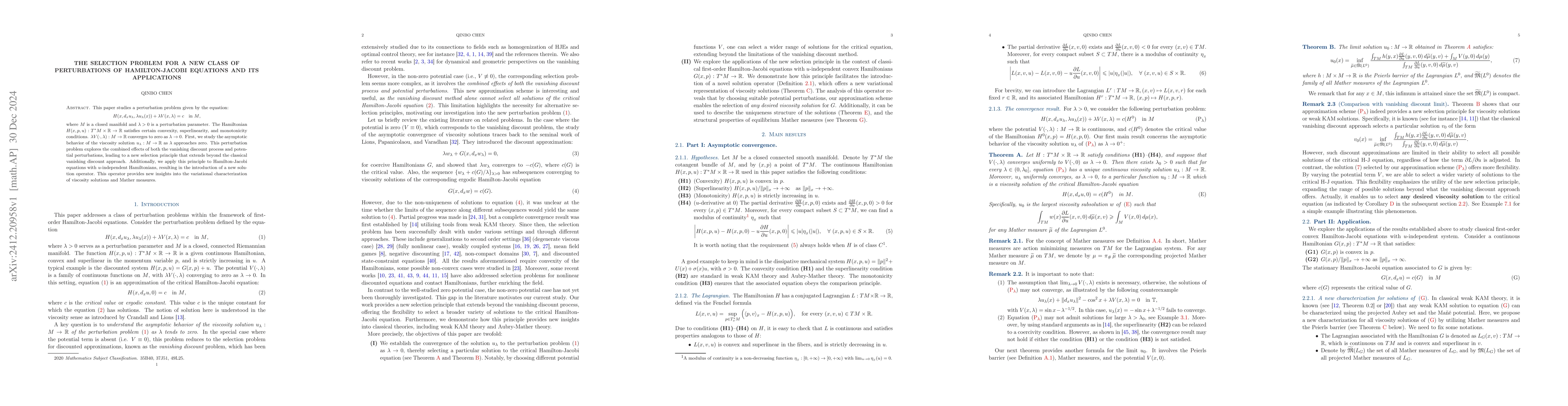 Thumbnail for The selection problem for a new class of perturbations of
  Hamilton-Jacobi equations and its applications