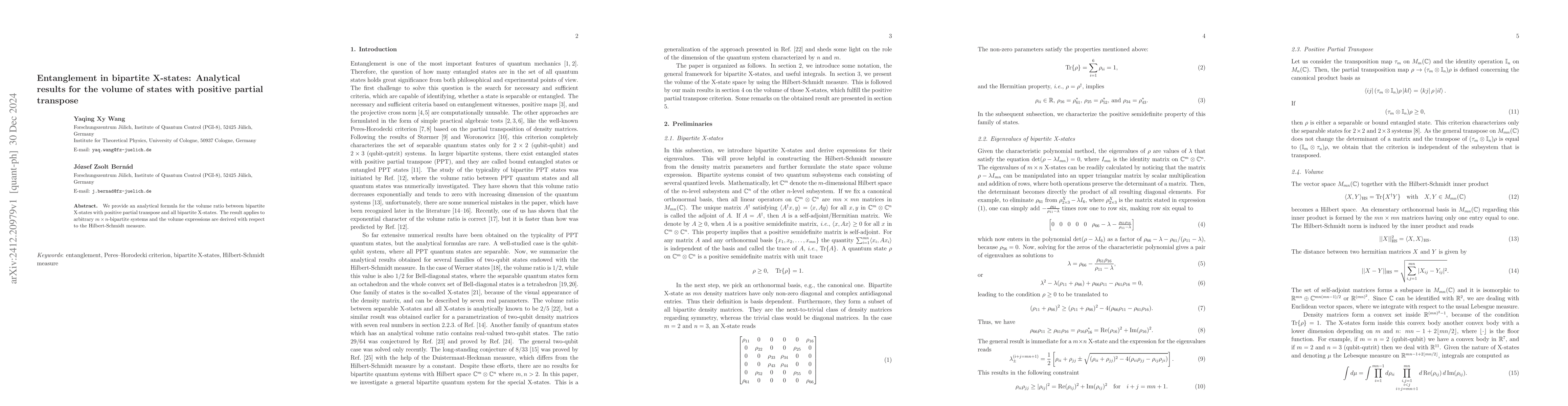Thumbnail for Entanglement in bipartite X-states: Analytical results for the volume of
  states with positive partial transpose