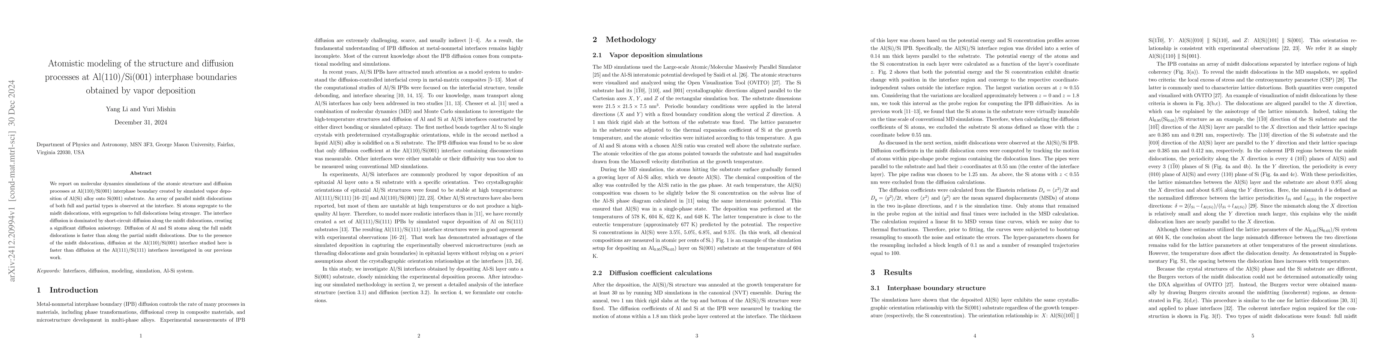 Thumbnail for Atomistic modeling of the structure and diffusion processes at
  Al(110)/Si(001) interphase boundaries obtained by vapor deposition