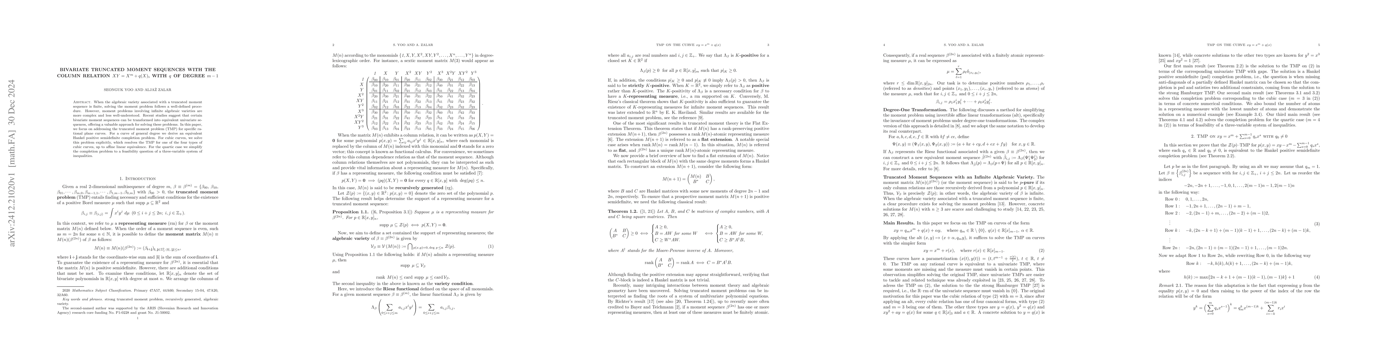Thumbnail for Bivariate Truncated Moment Sequences with the Column Relation $XY=X^m +
  q(X)$, with $q$ of degree $m-1$