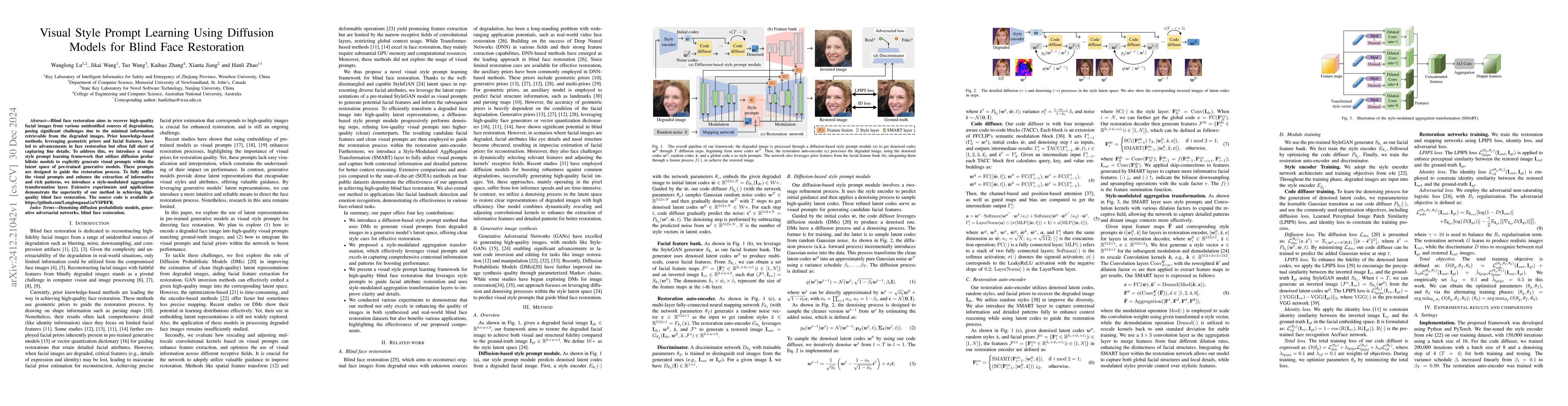 Thumbnail for Visual Style Prompt Learning Using Diffusion Models for Blind Face
  Restoration