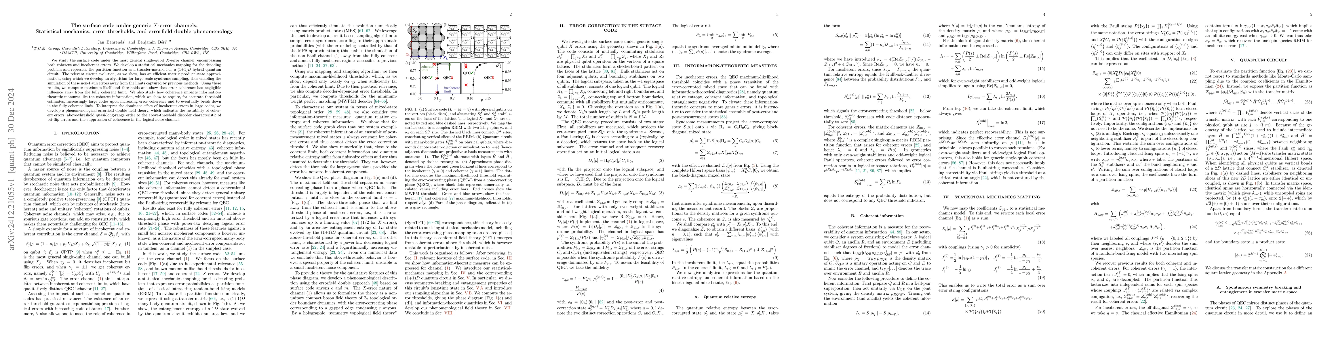 Thumbnail for The surface code under generic $X$-error channels: Statistical
  mechanics, error thresholds, and errorfield double phenomenology