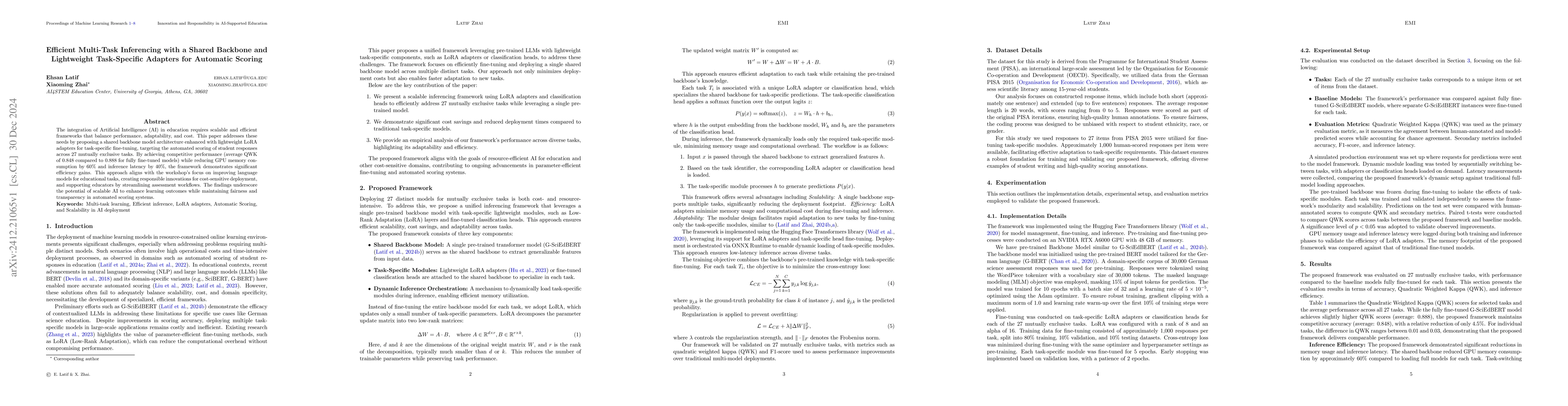 Thumbnail for Efficient Multi-Task Inferencing with a Shared Backbone and Lightweight
  Task-Specific Adapters for Automatic Scoring